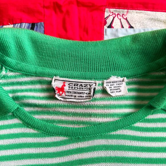 Vintage 70s Green White Striped Knit Sweater Pull Over // Size Small - Picture 3 of 5
